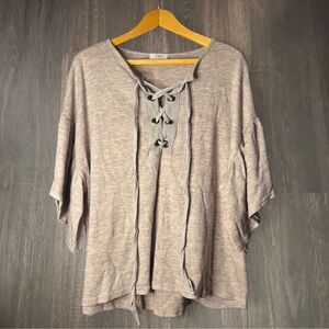 Umgee Lace-Up Neck 3/4 Sleeve Knit Top – Taupe